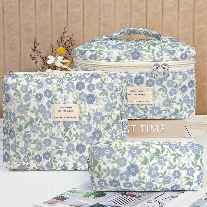 3 Piece Blue Cute Floral Cotton Quilted Makeup Bag Set, Large Capacity Travel Makeup Bags for Women and Girls, Includes Small, Medium, and Extra Large aesthetic makeup&Cosmetic Bags (3pcs-DitsyFloral)