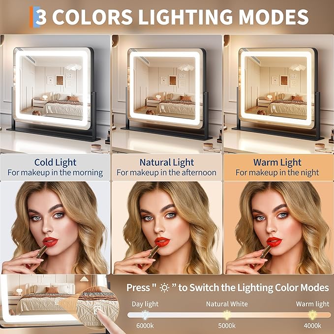 19.6"x15.7" Vanity Mirror with Lights, Large Lighted Mirror, LED Makeup Mirror with 3-Color Dimmable Modes and Smart Touch Control, Perfect for Desk or Bedroom, Vanity Desk Tabletop Makeup, White