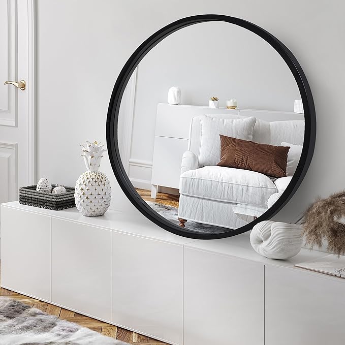 Americanflat 32" Round Mirror - Hanging Mirrors with Durable Frame - Modern Mirror for Bathroom, Bedroom, Living Room - Mirrors for Wall Display and Home Decor - Black