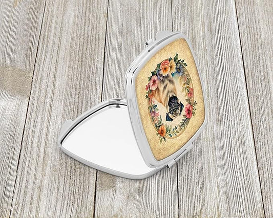 Caroline's Treasures Fawn Pug and Flowers Compact Mirror Decorative Travel Makeup Mirror for Women Girls Gifts Pocket Makeup Mirror Folding Handheld