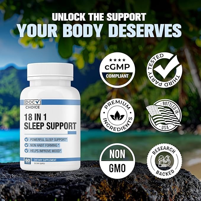 Doc Choice - 18 in 1 Sleep Support New for Adults Total Formula | Mood, Sleep, Restfulness Support | 18 Research Backed Ingredients | Melatonin, Magnesium, GABA, Ashwagandha & More - 60 Caps