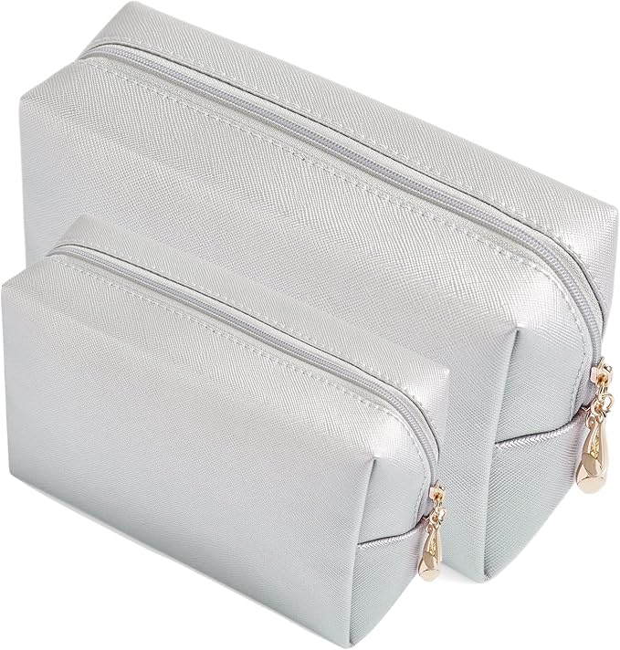 2pcs set PU Leather Cosmetic Bag for Women Minimalism Makeup Bag for Daily Use Portable Storage Purse Small Neat Cosmetic Pouch Water-resistant Toiletry Bag for Travel (Silver)