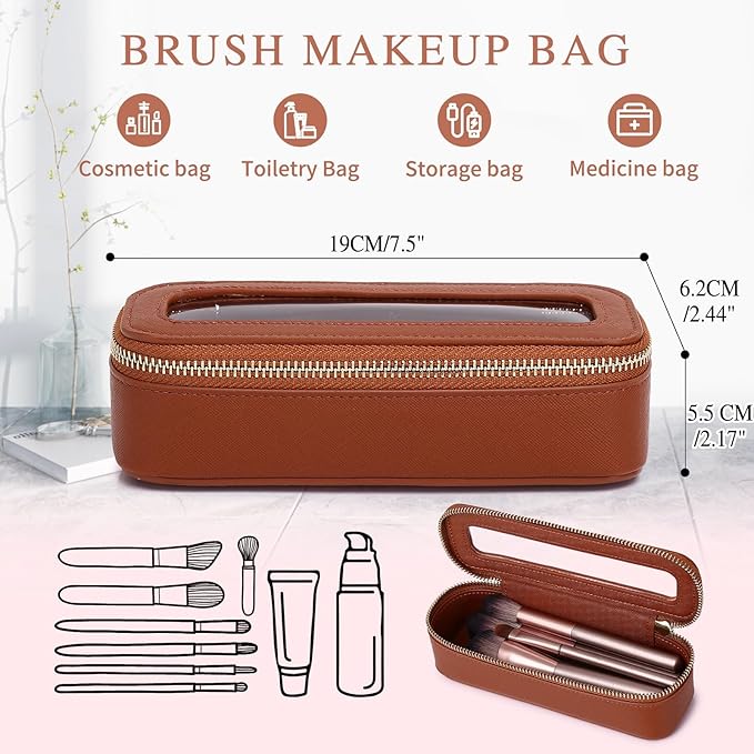 Makeup Brush Case Clear Travel Cosmetic & Toiletry Bag Slim Makeup Bag with Zipper Small Purse Organizer Car Essential Bag for Women (X/Brown, SLIM-3)