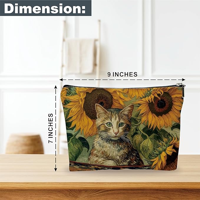 Animals Makeup Bag - Cat In The Garden - Sunflower & Cat Drawing Theme Cosmetic Bag, Toiletry Bag, Gift For Girls, Besties, Personal Care & Accessories - A25