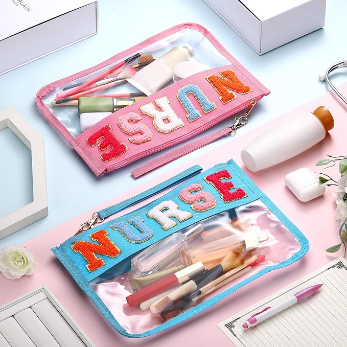 4 Pcs CNA Week Nurses Bags Appreciation Gifts Chenille Letter Makeup Bags with 4 Pins Preppy Clear Nursing Travel Pouch Cosmetic Waterproof Zipper Nurse Accessories
