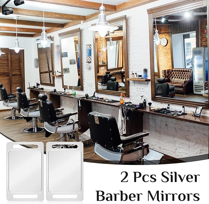 Kigley 2 Pcs Large Hand Mirror with Double Handle Barber Mirror Unbreakable Rectangular Hand Held Hair Salon Equipment Hairstylist and Barber Accessories, 15.75 x 9.84 Inches/ 40 x 25 cm (Silver)
