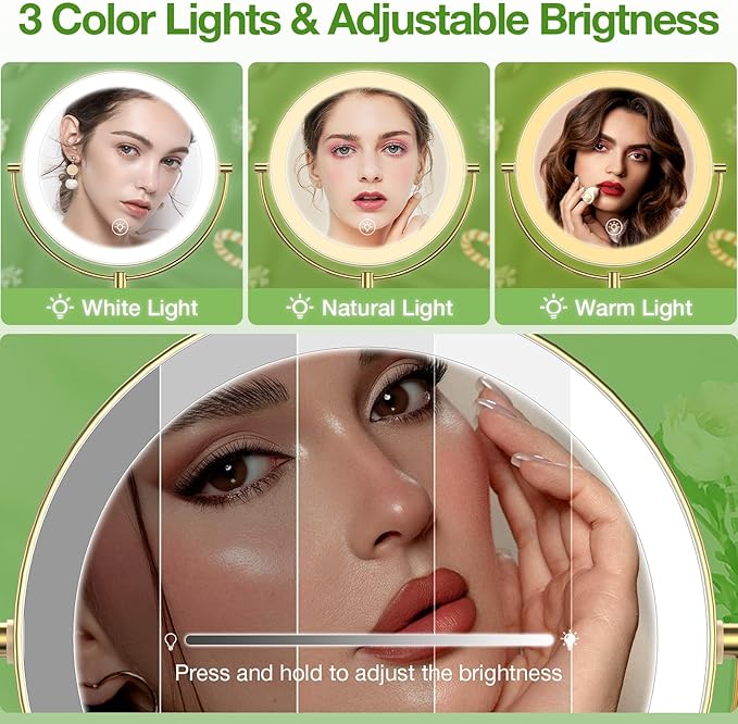 Anfauny 9 Inch Wall Mounted Lighted Makeup Mirror, Double Sided 1X/10X Magnifying LED Vanity Mirror with 3 Color Lights & Stepless Dimming, 360°Swivel Extendable Bathroom Cosmetic Mirror-Gold