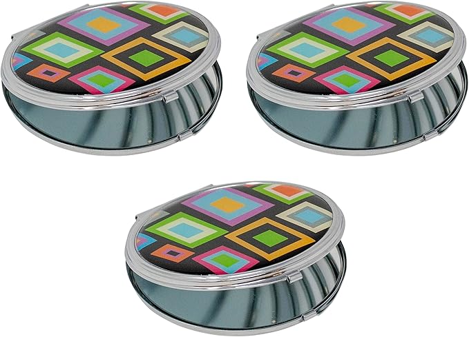 Stephanie Imports Set of 3 Double Sided Magnifying Compact Slim Mirrors with Printed Insert (Circle - Retro Squares)