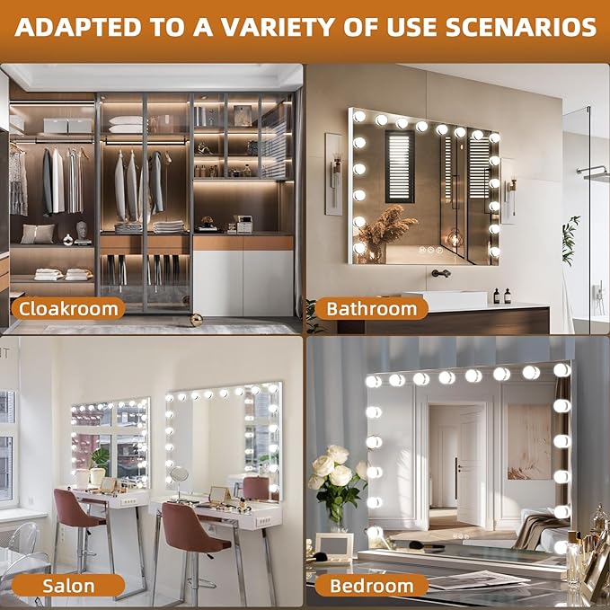 Misavanity Large Vanity Mirror with Lights Tempered Glass 31.4’’ x 23.4’’ Hollywood Lighted Makeup Mirror with 18 Dimmable Bulbs USB Charging Port 10X Magnification 3 Lighting Modes, White