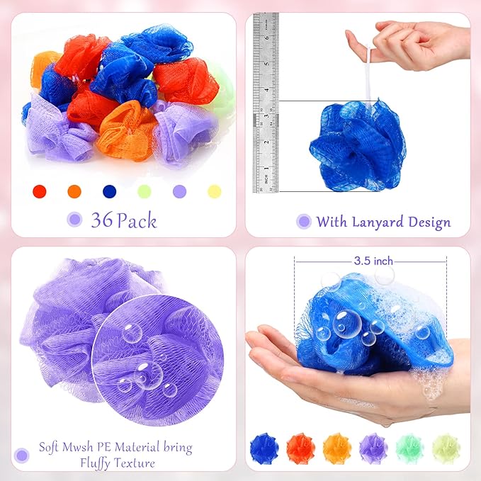Raiten 36 Pack Mini Shower Loofah Bulk Small Bath Sponge Assorted Colors Exfoliating Mesh Loofah Sponge Travel Shower Puff Colorful Bath Pouf Body Wash Multi Color Bath Scrubber for Women