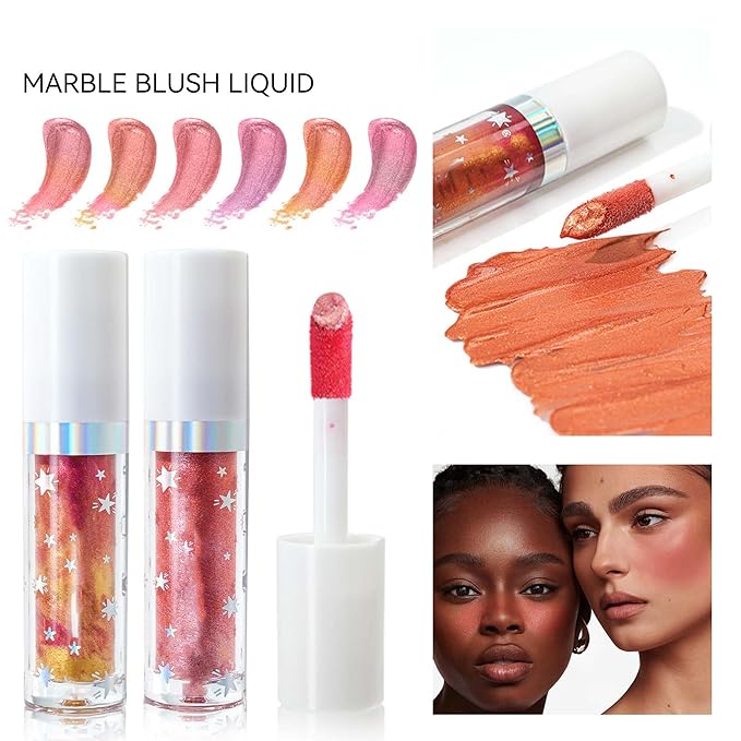 Marble Liquid Blush, Long-lasting Liquid Blush for Cheeks with High-pigment Color, Lightweight & Buildable Formula, Creates A Soft, Shimmery Finish (#01)