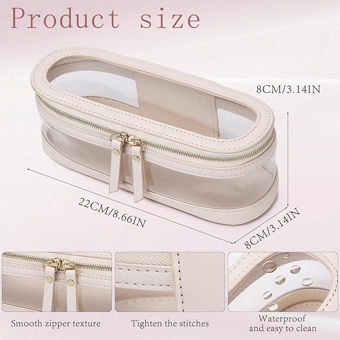 Makeup Brush Case Clear Travel Cosmetic & Toiletry Bag Slim Makeup Bag with Zipper Small Purse Organizer Car Essential Bag for Women (Beige, SLIM-2)
