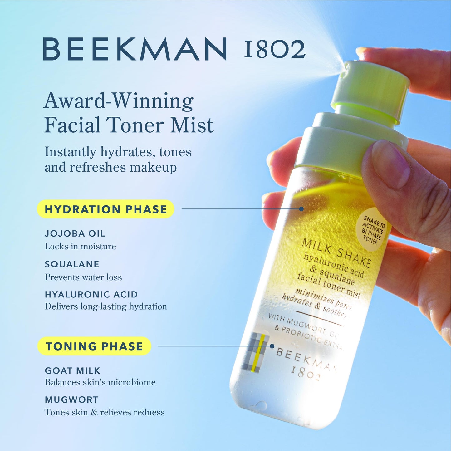 Beekman 1802 Milk Shake Mini Hydrating Face Mist - Hyaluronic Acid & Squalane Facial Mist Minimizes Pores & Gently Moisturizes, Goat Milk Skin Toner Spray, Lightweight, Fragrance Free, Travel Size