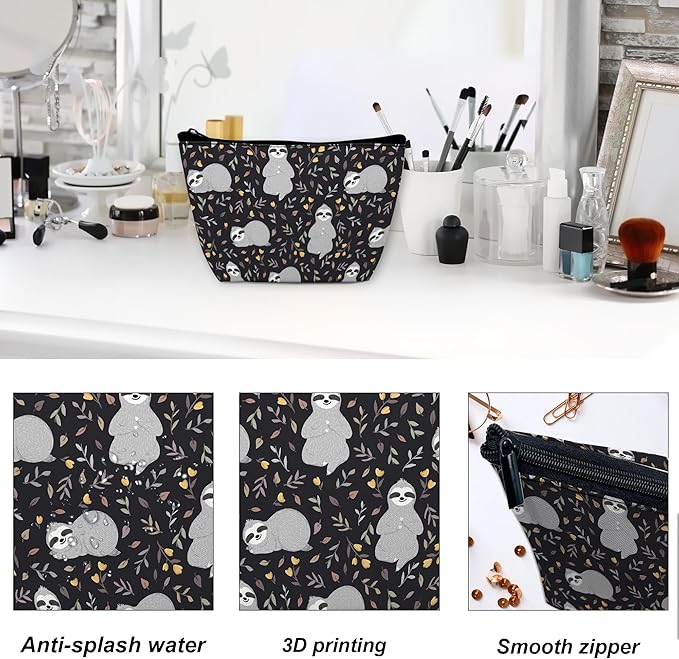 Makeup Bag for Purse, Waterproof Funny Cute Baby Sloths Leaves Cosmetic Bag for Women, Zipper Travel Toiletry Gift 9.5×5.9 Inch