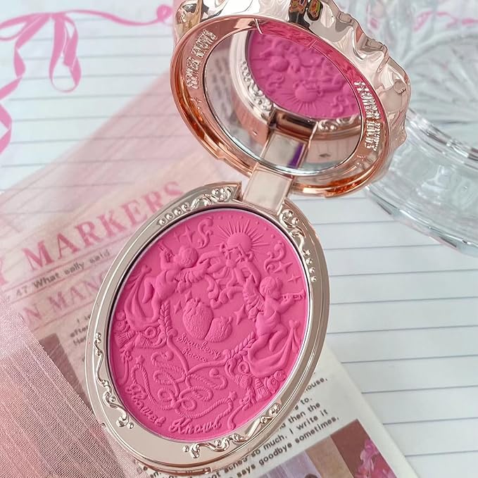 Flower Knows Strawberry Rococo Embossed Blush;Berry Matte Finish;Buildable & Blendable Powder Blush for cheeks,Highly Pigmented;Natural Flush for All Skin Tones(G02 Little Cranberry,4.6g)