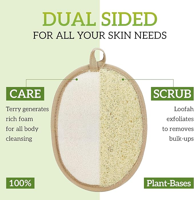 Natural Loofah Exfoliating Body Scrubber (Pack 2), Loofah Bath Sponge, Luffa for Women and Men, 100% Biodegradable Compostable, Dye Free, Zero Waste Eco Friendly Sustainable (4.7" x 6.3" Each)