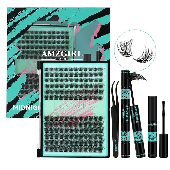 AMZGIRL LASH Midnight DIY Lash Extension Kit, 144 pcs Eyelash Clusters Kit Lash Bond and Seal, Lash Glue Remover and Applicator for Individual False Eyelashes Kit Lash Extensions(D-Mix 8-16mm Kit)