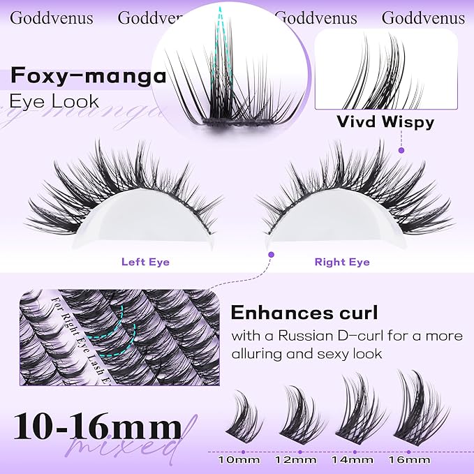 Manga Lash Cluster Kit Wispy Lashes Clusters Fluffy Eyelash Clusters Upturned Foxy Cluster Eyelash Extensions Kit D Curl Fairy Eyelash Extension Kit 10-16mm Individual Lashes Kit
