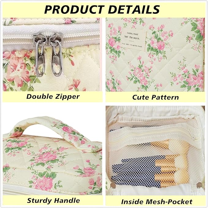 Makeup Bag Organizer, 3 Pieces Quilted Cosmetic Bag Set, Cotton Makeup Bag for Women, Floral Make Up Bag, Coquette Makeup Pouch, Flower Travel Toiletry Bag (Pink Flower)