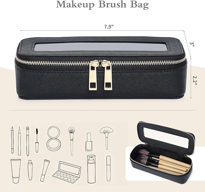 Makeup Brush Case Clear Travel Cosmetic & Toiletry Bag Small Makeup Bag with Zipper Purse Organizer Car Essential Bag for Women (Black, SLIM)