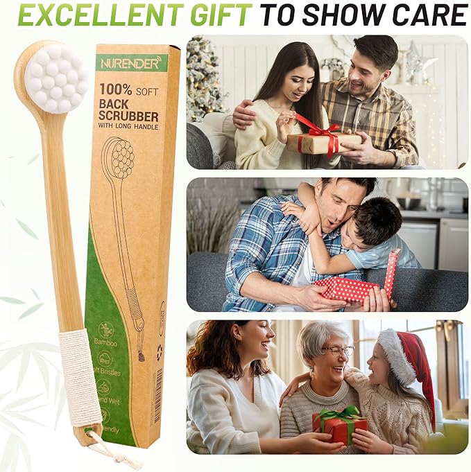 Back Scrubber for Shower 17.32'', Soft Bristles Bamboo Shower Brush for Men Women, Long Curved Handle Bath Brush for Exfoliating, Smooth Skin & Back Scrubbing Gift for Older