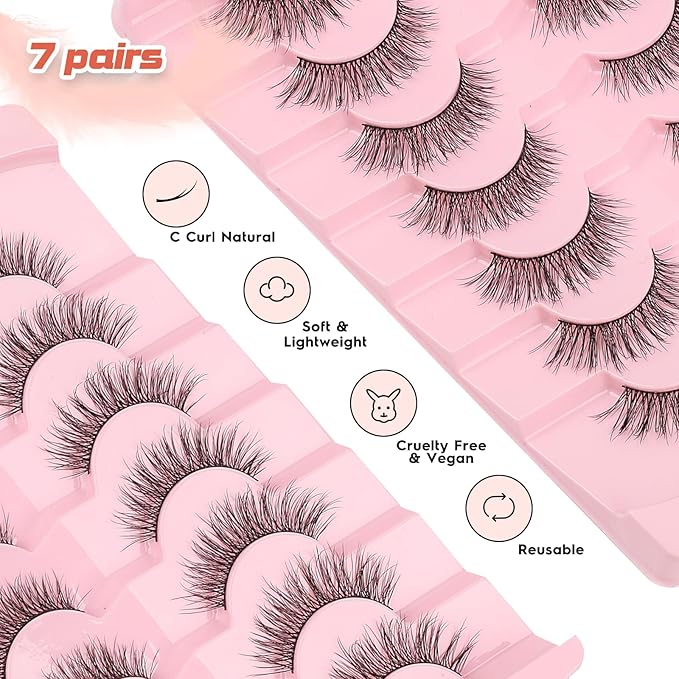 Lashes Wispy Eyelashes Natural Look 15mm Cat Eye Lashes Natural C Curl Soft Strip Lashes Fake Eyelashes 3D Volume Eye Lashes Pack 7 Pair Siligli Lash Eyelash