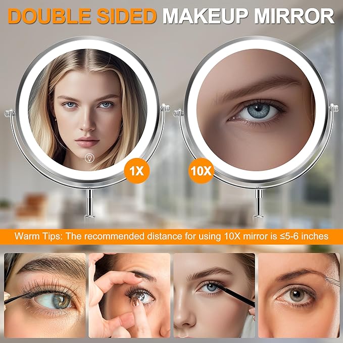 8.7" Large Lighted Makeup Mirror, 1X/10X Magnifying Mirror with 3 Color Dimmable Lights, Double Sided Vanity Mirror, Height Adjustable, 360° Swivel Cosmetic Mirror for Women Girl(Silver)