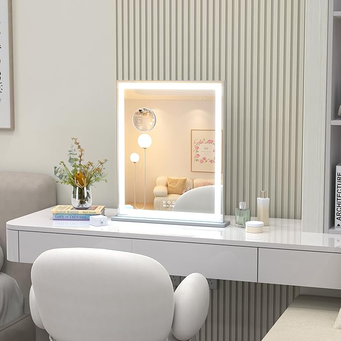 ANYHI Vanity Mirror with LED Light, 24"x20.5" Lighted Vanity Mirror with 10X Magnifying, 3 Color Modes, Dimmable, Smart Touch Control, Aluminum Frame, Tabletop/Wall Mount, Silver