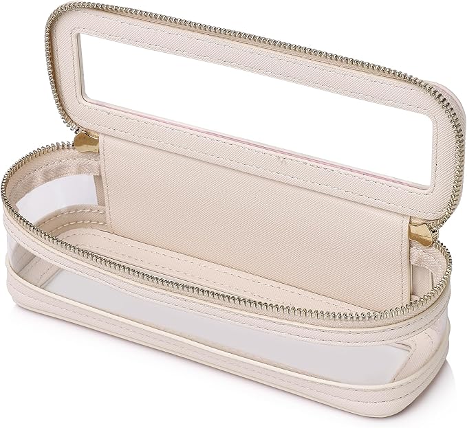 Makeup Brush Case Clear Travel Cosmetic & Toiletry Bag Slim Makeup Bag with Zipper Small Purse Organizer Car Essential Bag for Women (Beige, SLIM-1)