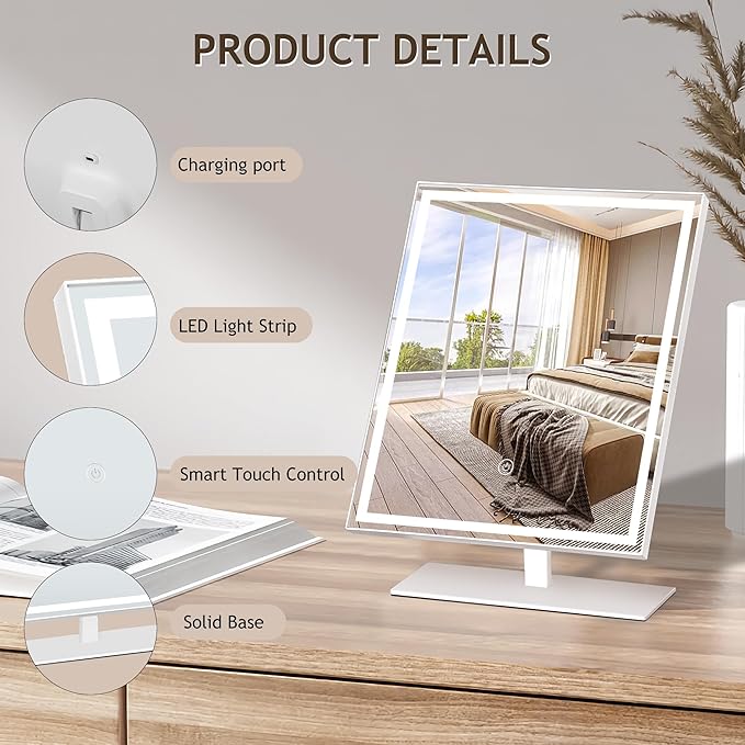Makeup Mirror with Light 10" x 14",Vanity Mirrors,Lighted Makeup Mirror Tabletop,for Vanity Desk Tabletop, Bedroom，3 Colors Dimmable,120° Rotation.