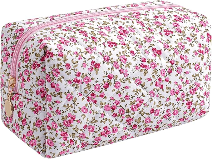 Makeup Bag Travel Cosmetic Bag for Women Girls, Zipper Make Up Pouch, Floral Flowers Toiletry Organizer Makeup, Portable Storage Cosmetic Travel Cloth Bag (Red Small Flower)