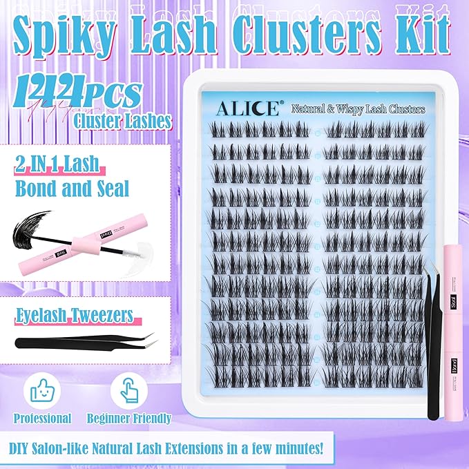 ALICE Natural Lash Clusters Kit Cluster Eyelash Extension Kit Left & Right Fluffy Wispy DIY Lash Extension Kit 144pcs 3D Anime C-Curly Eyelash Clusters Kit with Lash Glue Bond and Seal and Tweezers