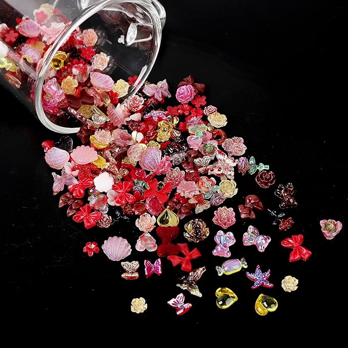110 Pieces 3D Nail Charms for Acrylic Nails, Camellia Rose Flower Butterfly Bowknot Heart Bear Rabbit Star Charms for Nail Art Designs DIY Accessories Craft(Red+2)