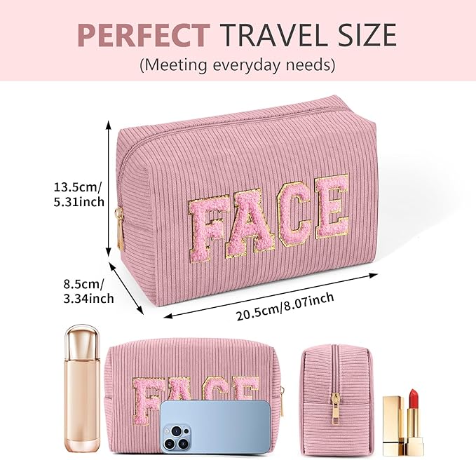 MAGEFY Corduroy Makeup Bag Small Makeup Bag for Purse with Compartments Cute Makeup Pouch Cosmetic Bag for Women Friends Preppy Gifts (Pink, FACE)