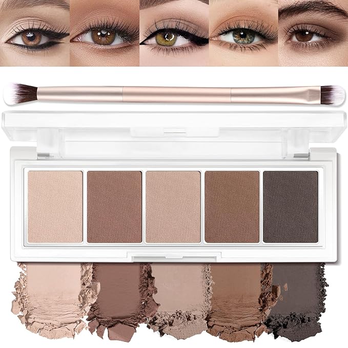 5 Colors Matte Eyeshadow Palette with Brush - Neutral Nude Taupe Dark Brown Eye Shadow Palette Makeup, Natural Waterproof Cool-Toned Eyeshadow for Green & Blue & Brown Eyes and Smokey Makeup, 06#