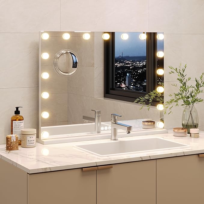 Makeup Mirror with Lights, Multifunctional Desktop Vanity Mirror with 15 Dimmable LED Lights and 3 Lighting Modes, 3x Magnification, Smart Touch Controls, Desktop or Wall Mount, Dressing Room/Bedroom