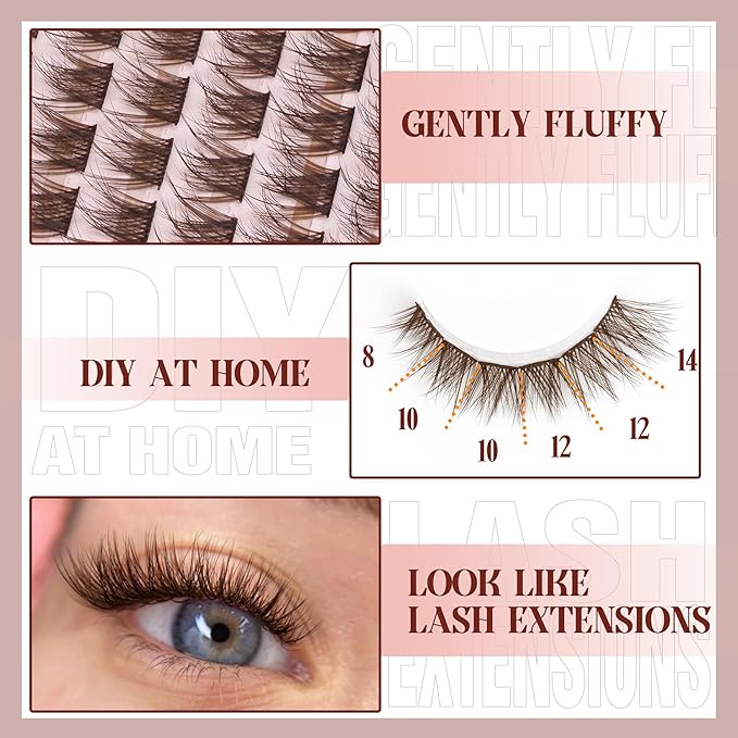 Brown Lash Clusters Kit Natural Dark Brown Eyelash Extensions Kit Wispy Individual Lashes C-Curly Cluster Lashes Extensions with Bond and Seal Lash Glue and Eyelashes Tweezers Lash Kit