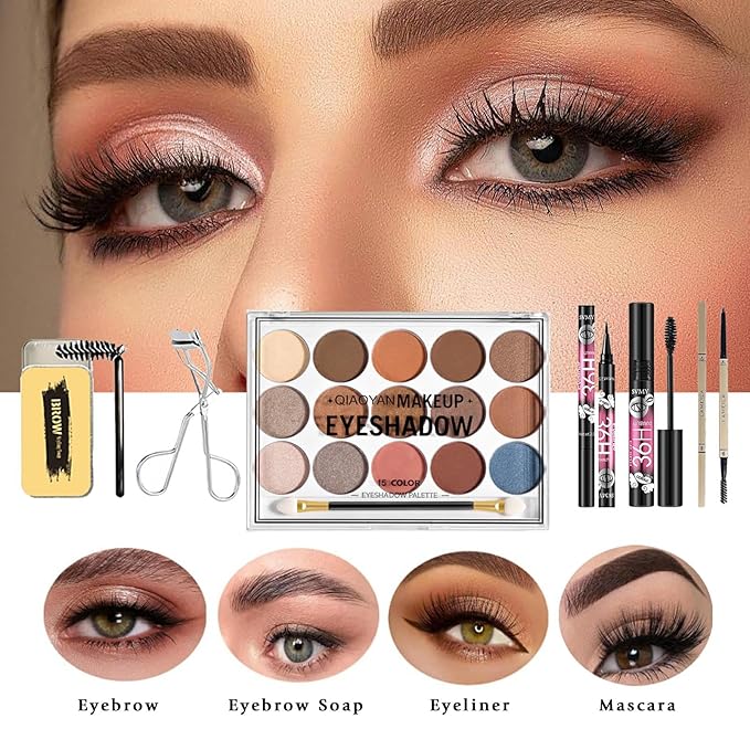 34 Pcs All in One Makeup Kit for Women Full Kit, Makeup Sets Includes Eyeshadow Palette Contour Stick Eyebrow Soap Cosmetic Brush Set Makeup Gift Set for Women Teen (A203)