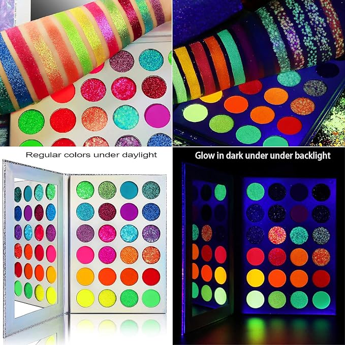 Afflano Neon Makeup Palette - Glow in the Dark Eyeshadow, Highly Pigmented, UV Blacklight Eye Shadow Palette with Red, Orange, Pink Pressed Glitter Eyeshadows