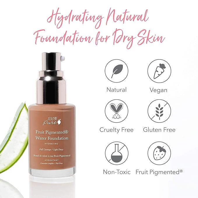 100% PURE Water Foundation Full Coverage Hydrating Makeup, Light Dewy Finish, Moisturizing Concealer for Normal to Dry Skin, Fruit Pigment Color Warm 6.0 w/Peachy Undertones for Tan Skin - 1 Fl Oz