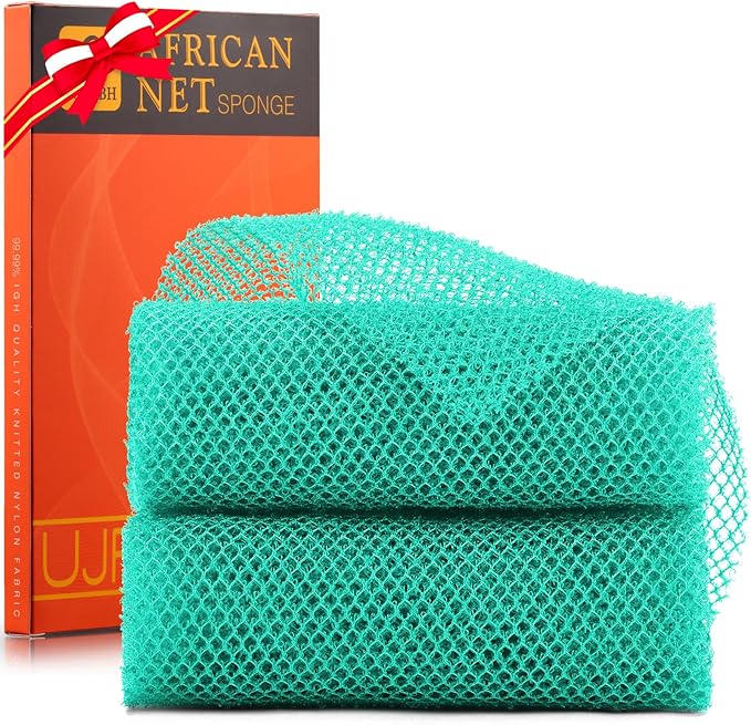 2 Pieces African Bath Sponge African Net Long Net Bath Sponge Exfoliating Shower Body Scrubber Back Scrubber Skin Smoother,Great for Daily Use (Green)