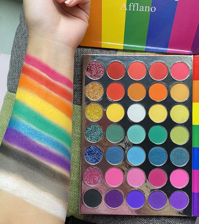 Afflano Rainbow Eyeshadow Palette Matte Shimmer Pressed Glitter, Pigmented Colorful Eye Shadow Pallets, Pink Red Orange Yellow Green Blue Purple 35 Color, Bright Prime Makeup Palette