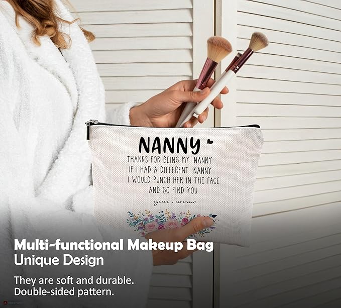 Funny Nanny Gifts Makeup Cosmetic Bag - Mother's Day, Birthday Gifts for Nanny, Grandma - Floral Small Makeup Bag for Purse