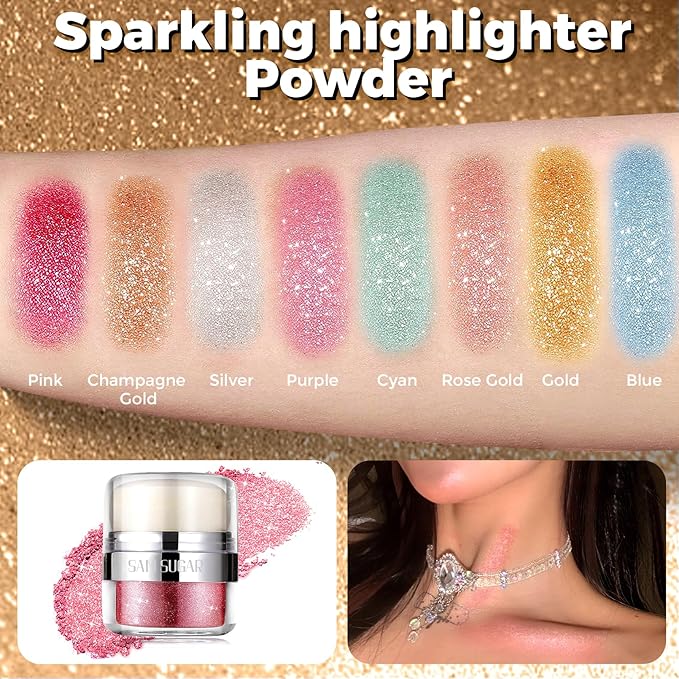 Body Shimmer Powder, Glitter Highlighter for Face, Liquid Highlighter Blush Body Glow Shimmer Powder Fairy Brightening Makeup Stick for Eyes, Hair (Pink, 1.13 Oz)