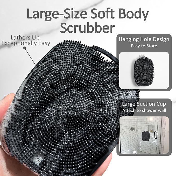 Silicone Back Scrubber for Shower, Detachable Long Handle Body Scrub Brush, Shower Brush for Shower Exfoliating and Message, Dual Purpose Overall Cleaning - Black