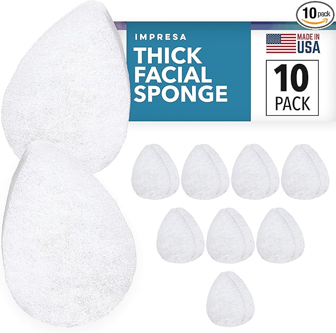 10 Pack Extra Thick Facial Sponge for Daily Deep Cleansing - Regular Buff Style Exfoliating Pads for Removing Dead Skin, Dirt & Makeup - Normal to Oily - Made in The USA - Reusable Puf - White