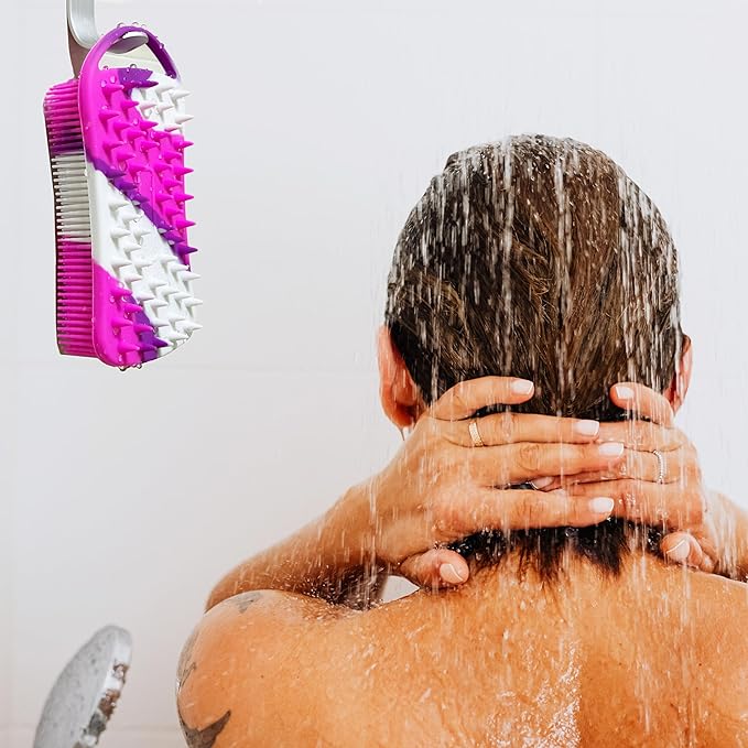 2 PC Silicone Exfoliating Body Scrubber, 2 in 1 Silicone Body Shampoo Brush, Soft Silicone Loofah for Sensitive Skin, Shower Silicone Hair Scalp Massager, Easy to Clean, Lather Well (Purple&Yellow)