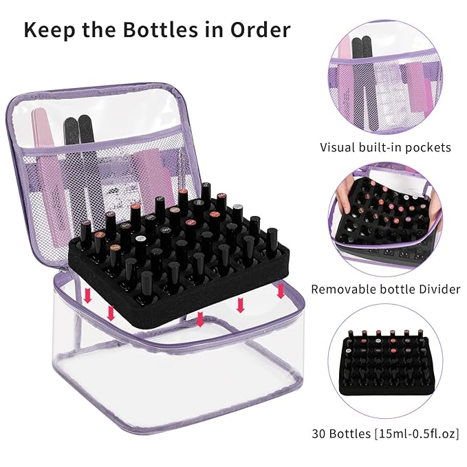 Beloving Nail Polish Organizer Bag Holds 30 Bottles (15ml/0.5 fl.oz) Portable Supplies Organizer Handbag for Manicure Tools, Portable Nail Supplies Kit Organizer Carrying Case (Purple)