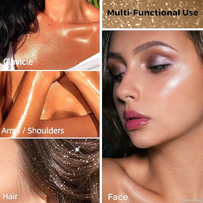 Body Shimmer Powder, 2PCS Glitter Highlighter Powder for Face, Liquid Highlighter Blush Body Glow Shimmer Powder Fairy Brightening Makeup Stick for Eyes, Hair (2, Pink/Champagne Gold, 32 g)