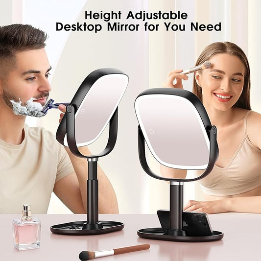 Makeup Vanity Mirror with Lights - 10x/1x Magnifying Mirror with Light, Rechargeable Desk Mirror with 3-Color Lighting & Memory Function, 360° Adjustable Table Mirror, Gift for Women (Black)